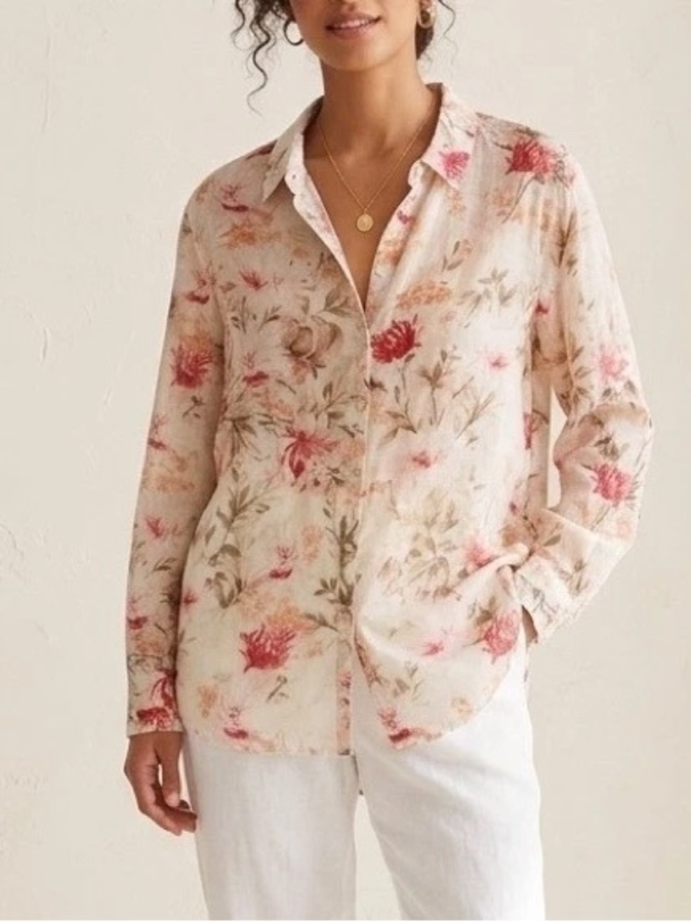 J. Jill Floral Button-Down Shirt in Cream and Pink
